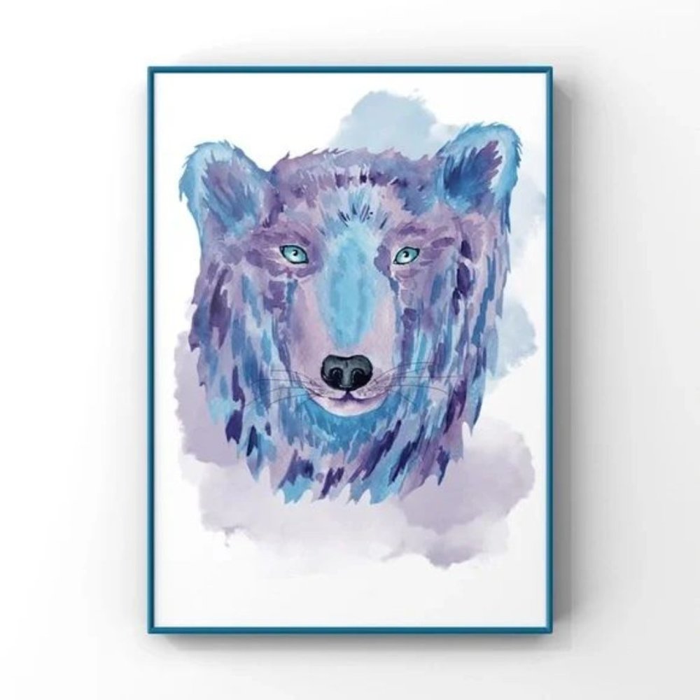Purple Blue watercolor Arctic Wolf portrait wall art home decor